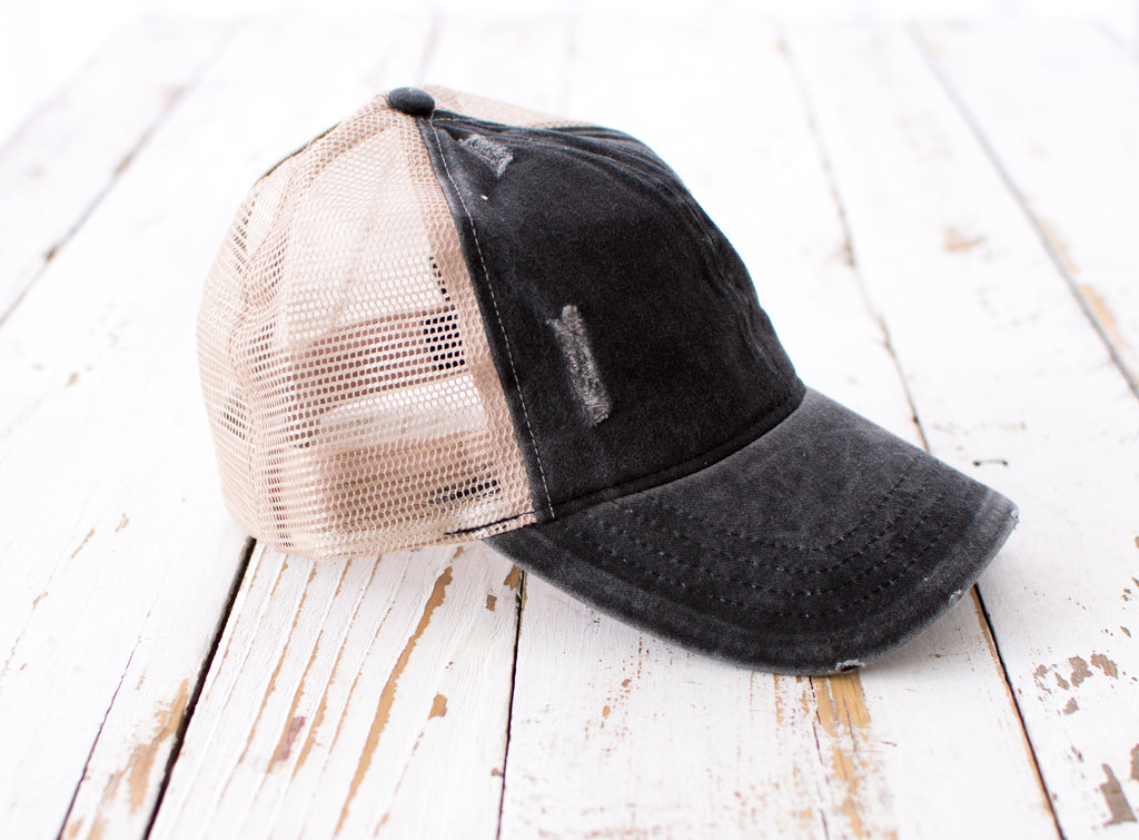 Distressed Messy Bun Cap | Adjustable No-Snag Opening