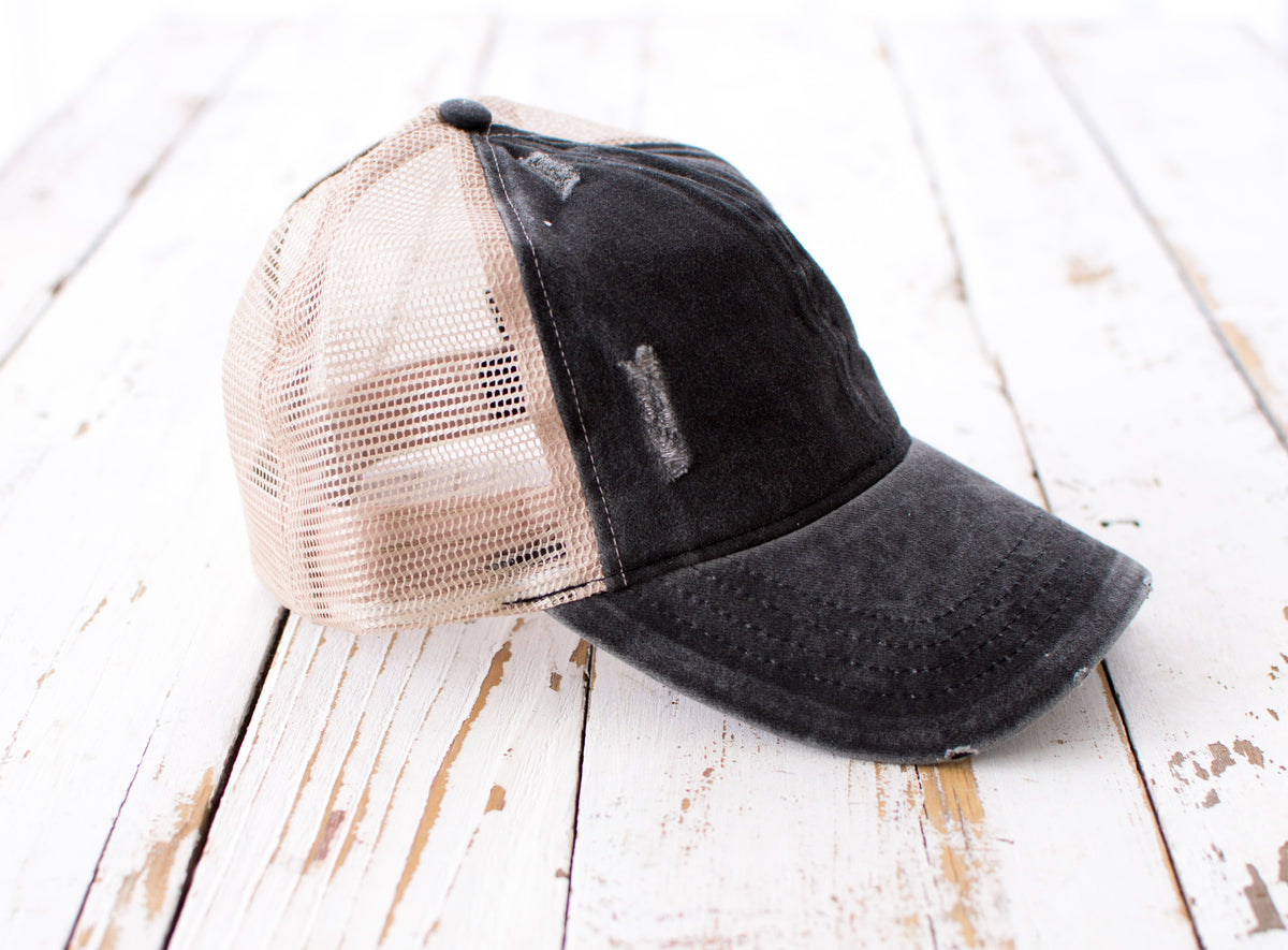 Distressed Messy Bun Cap | Adjustable No-Snag Opening