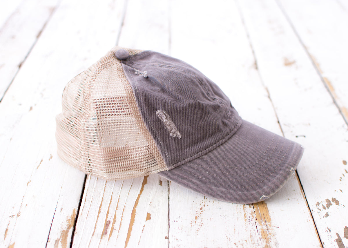 Distressed Messy Bun Cap | Adjustable No-Snag Opening