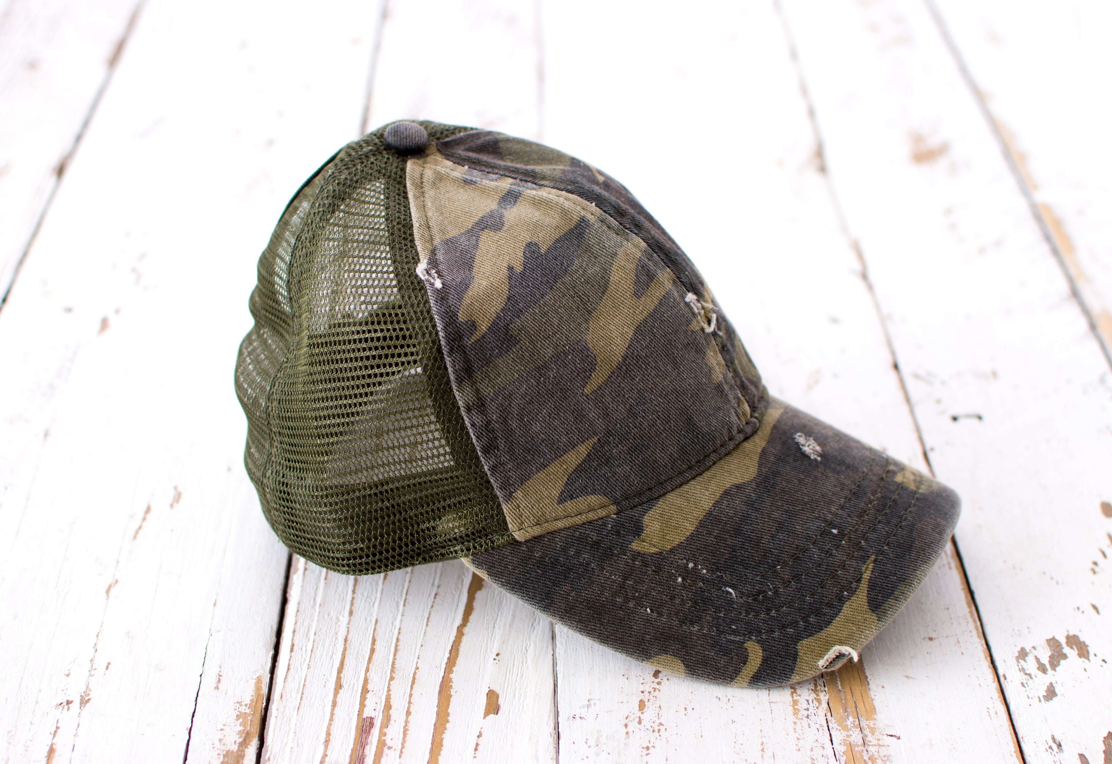 Distressed Messy Bun Cap | Adjustable No-Snag Opening