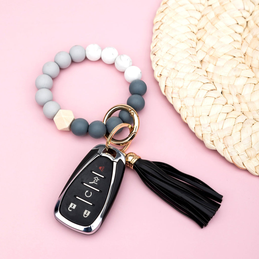 Silicone Color Block Key Ring Bracelet | Wood Bead Wristlet Keychain