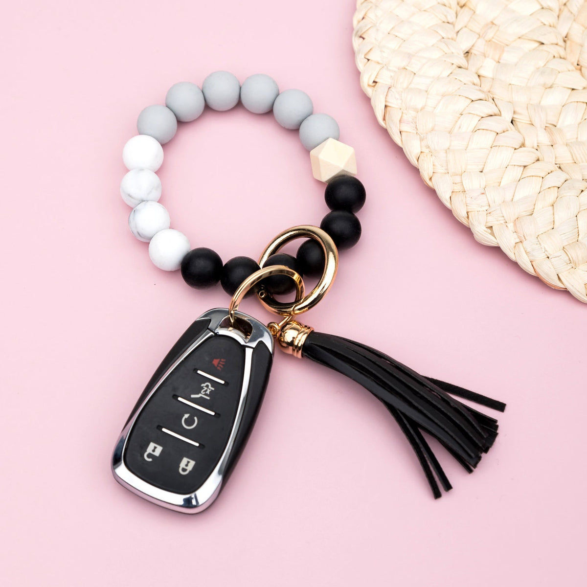 Silicone Color Block Key Ring Bracelet | Wood Bead Wristlet Keychain