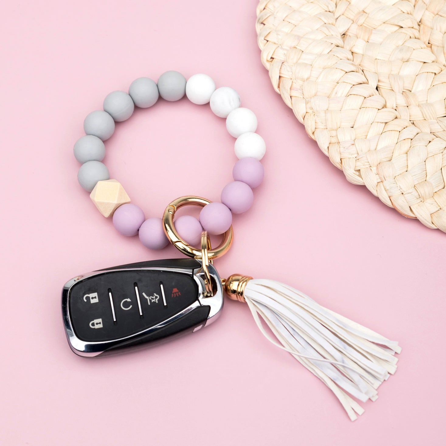 Silicone Color Block Key Ring Bracelet | Wood Bead Wristlet Keychain