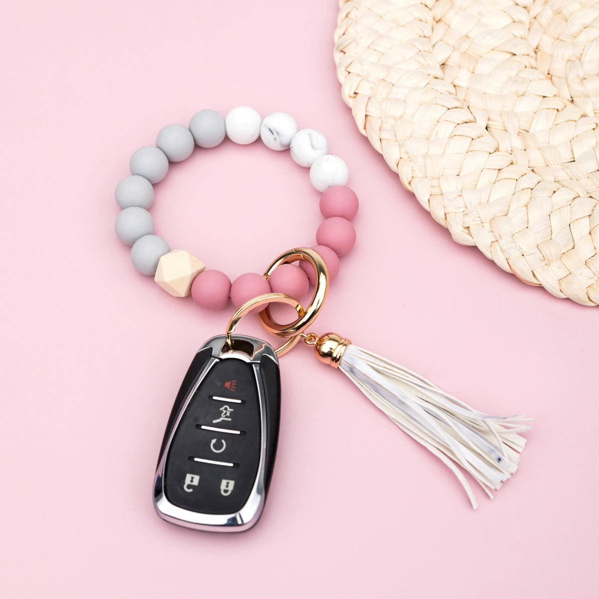 Silicone Color Block Key Ring Bracelet | Wood Bead Wristlet Keychain