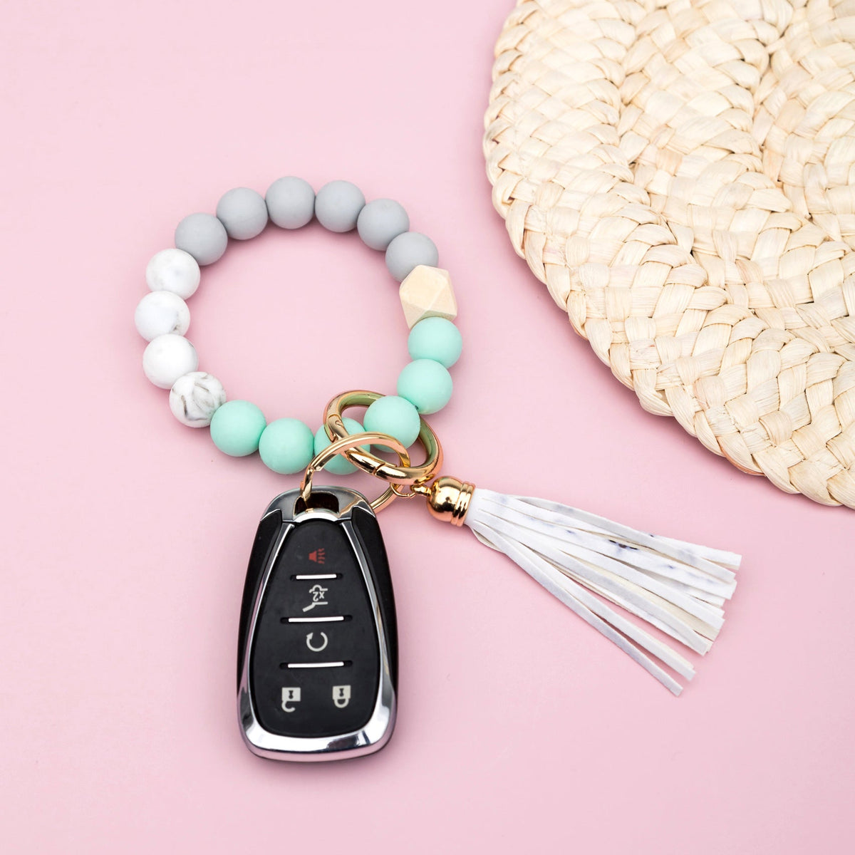 Silicone Color Block Key Ring Bracelet | Wood Bead Wristlet Keychain