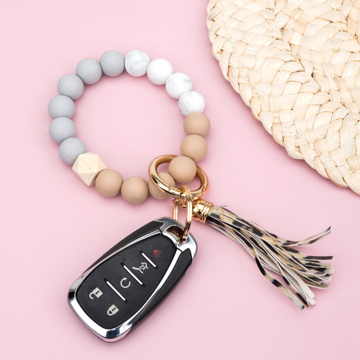 Silicone Color Block Key Ring Bracelet | Wood Bead Wristlet Keychain