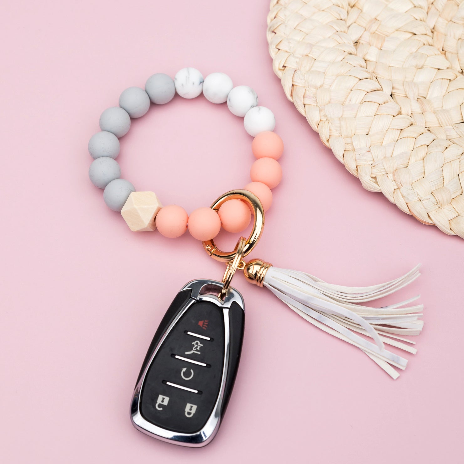 Silicone Color Block Key Ring Bracelet | Wood Bead Wristlet Keychain