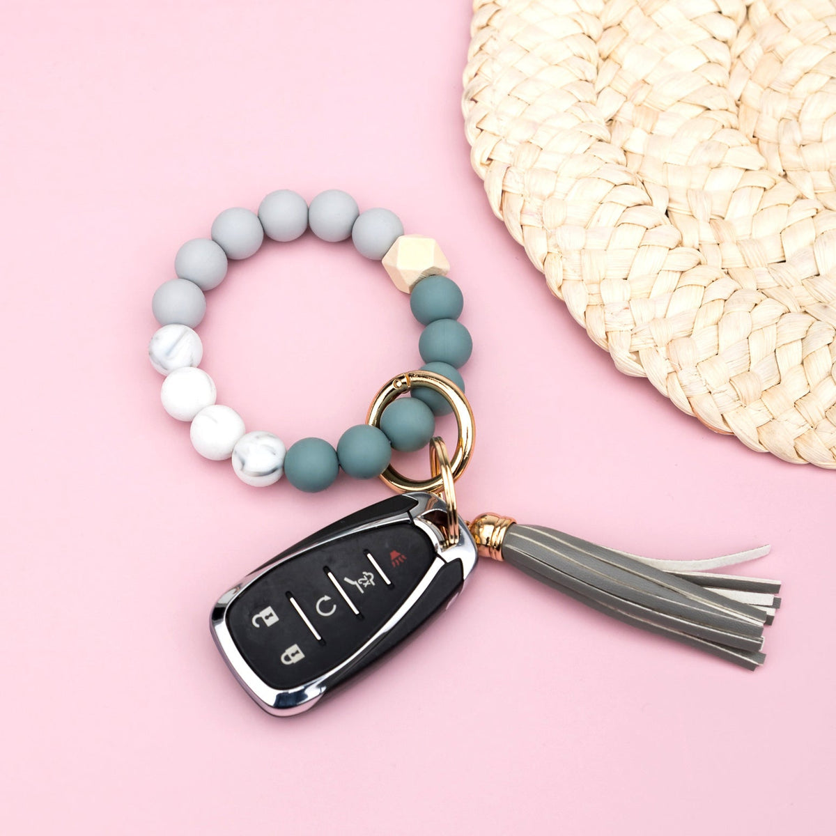 Silicone Color Block Key Ring Bracelet | Wood Bead Wristlet Keychain