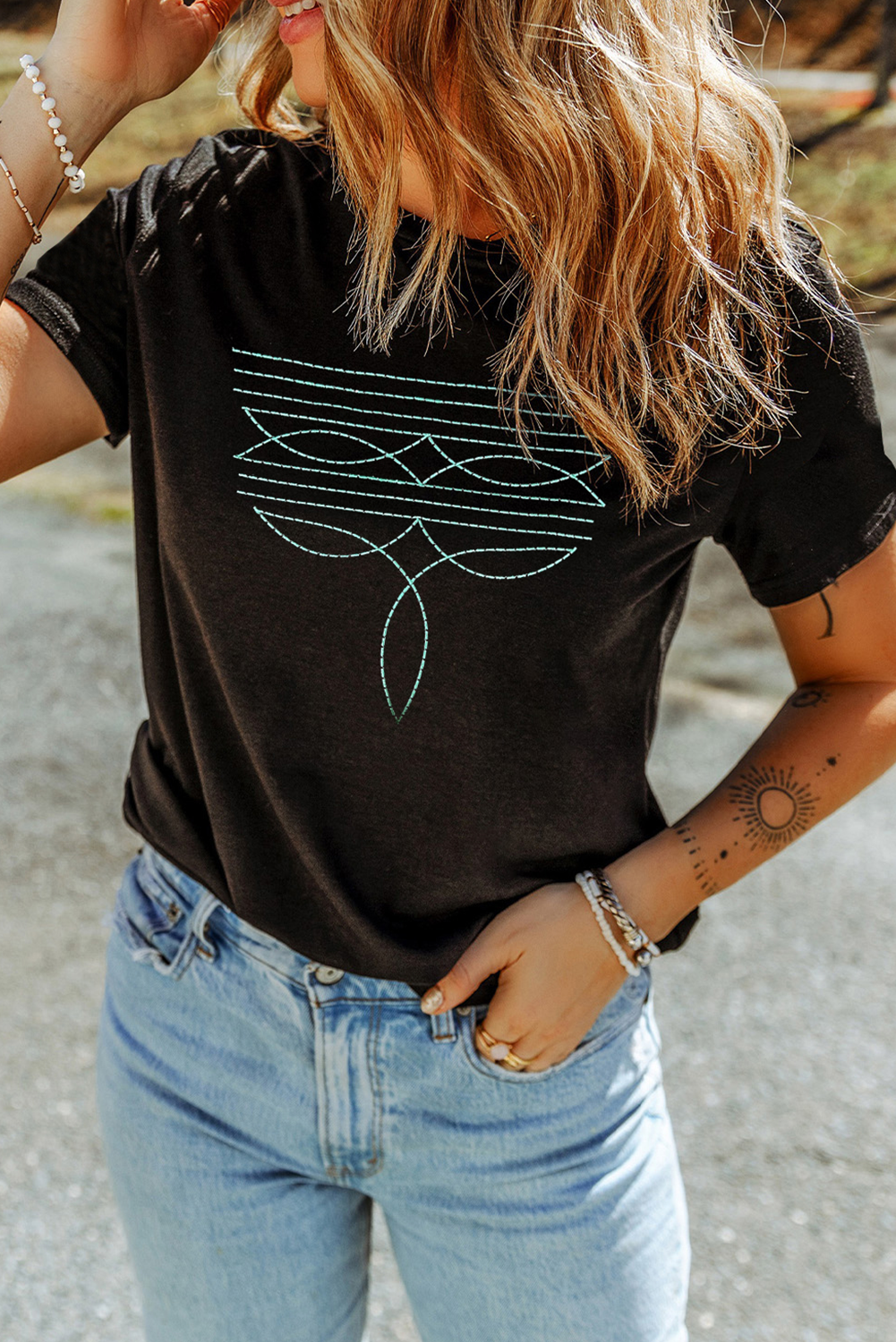 Turquoise Stitch Geometric Tee