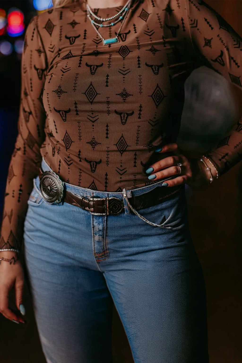 Chestnut Western Print Mesh Top
