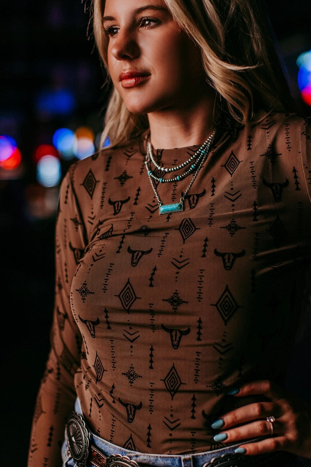 Chestnut Western Print Mesh Top