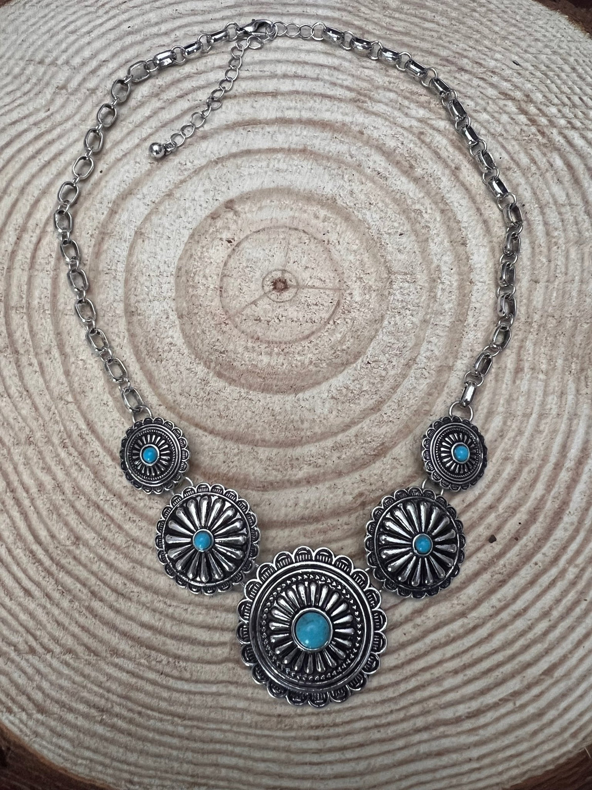 5-Concho Western Necklace with Faux Turquoise — 18 Inch with 3-Inch Extender