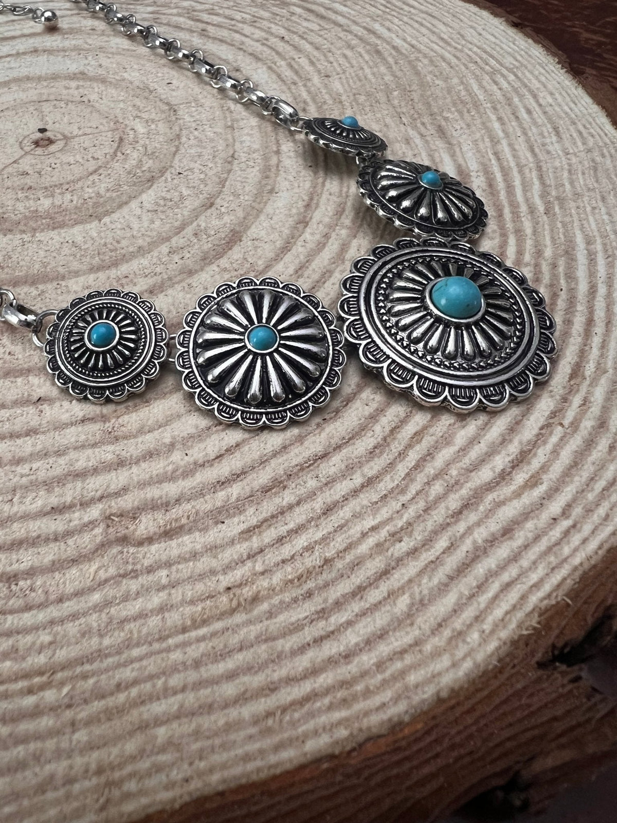 5-Concho Western Necklace with Faux Turquoise — 18 Inch with 3-Inch Extender
