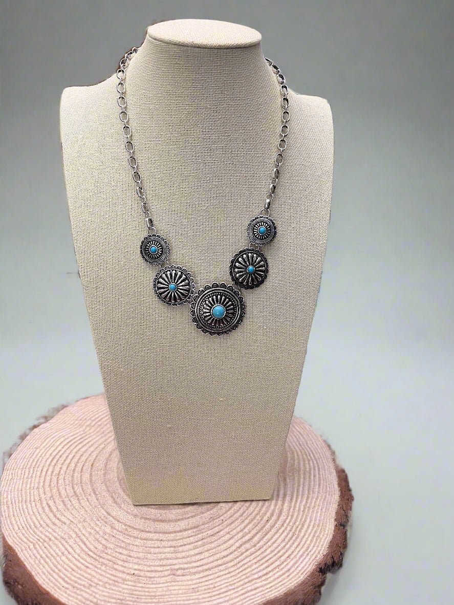 5-Concho Western Necklace with Faux Turquoise — 18 Inch with 3-Inch Extender