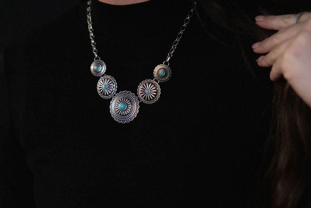 5-Concho Western Necklace with Faux Turquoise — 18 Inch with 3-Inch Extender