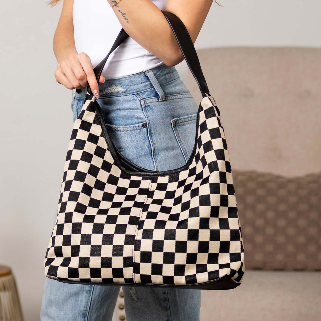 Celine Mixed Media Hobo Bag | Checkered Canvas & Leather Trim