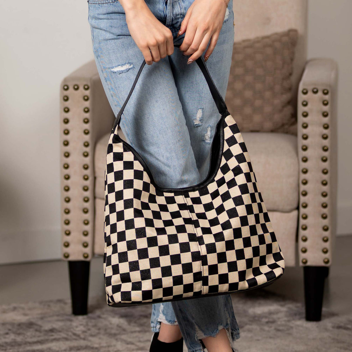 Celine Mixed Media Hobo Bag | Checkered Canvas & Leather Trim