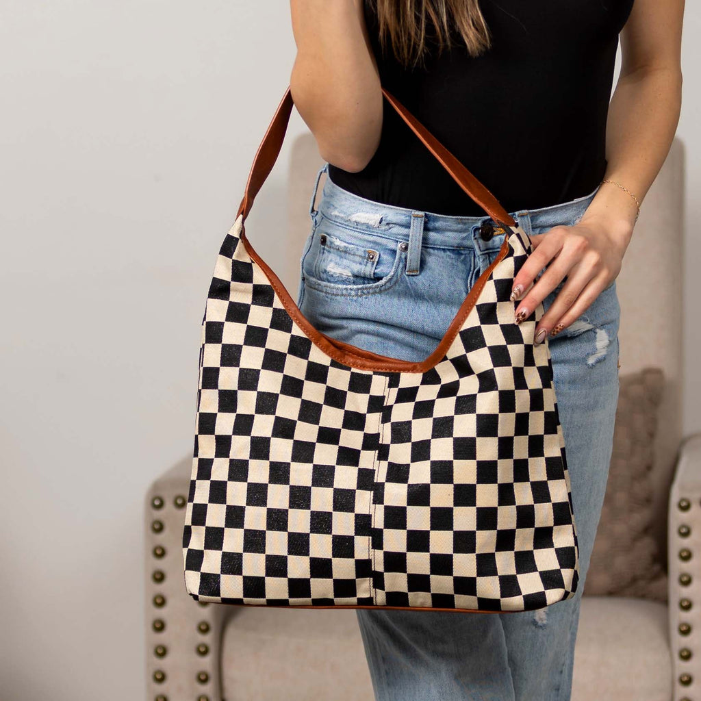 Celine Mixed Media Hobo Bag | Checkered Canvas & Leather Trim