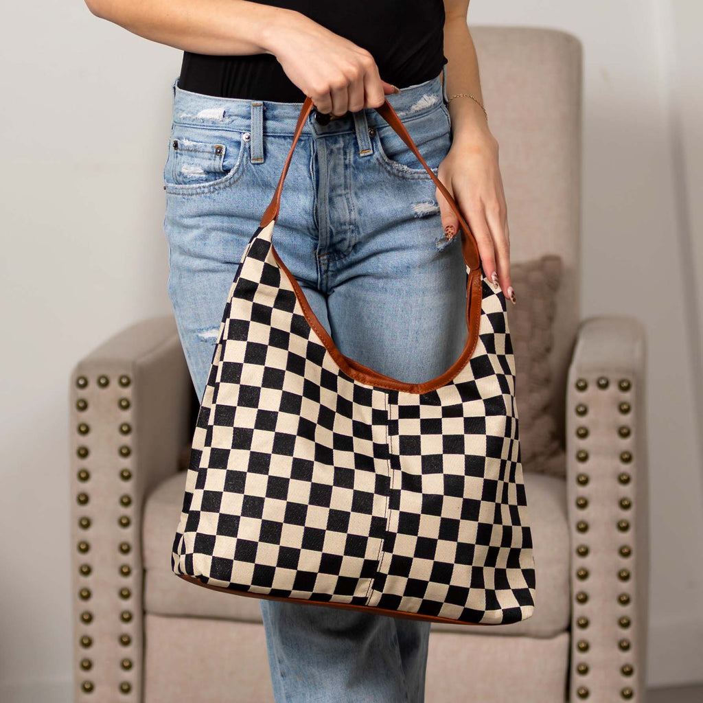 Celine Mixed Media Hobo Bag | Checkered Canvas & Leather Trim