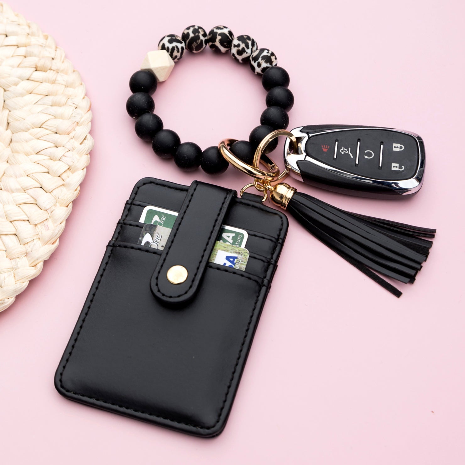 Silicone Key Ring Wallet Bracelet | Beaded Wristlet with Card Slots
