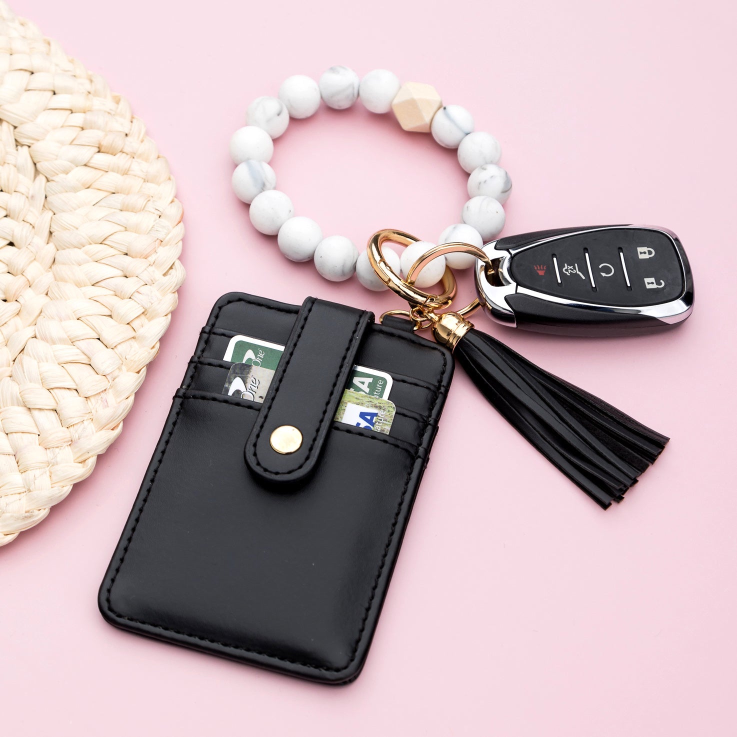 Silicone Key Ring Wallet Bracelet | Beaded Wristlet with Card Slots