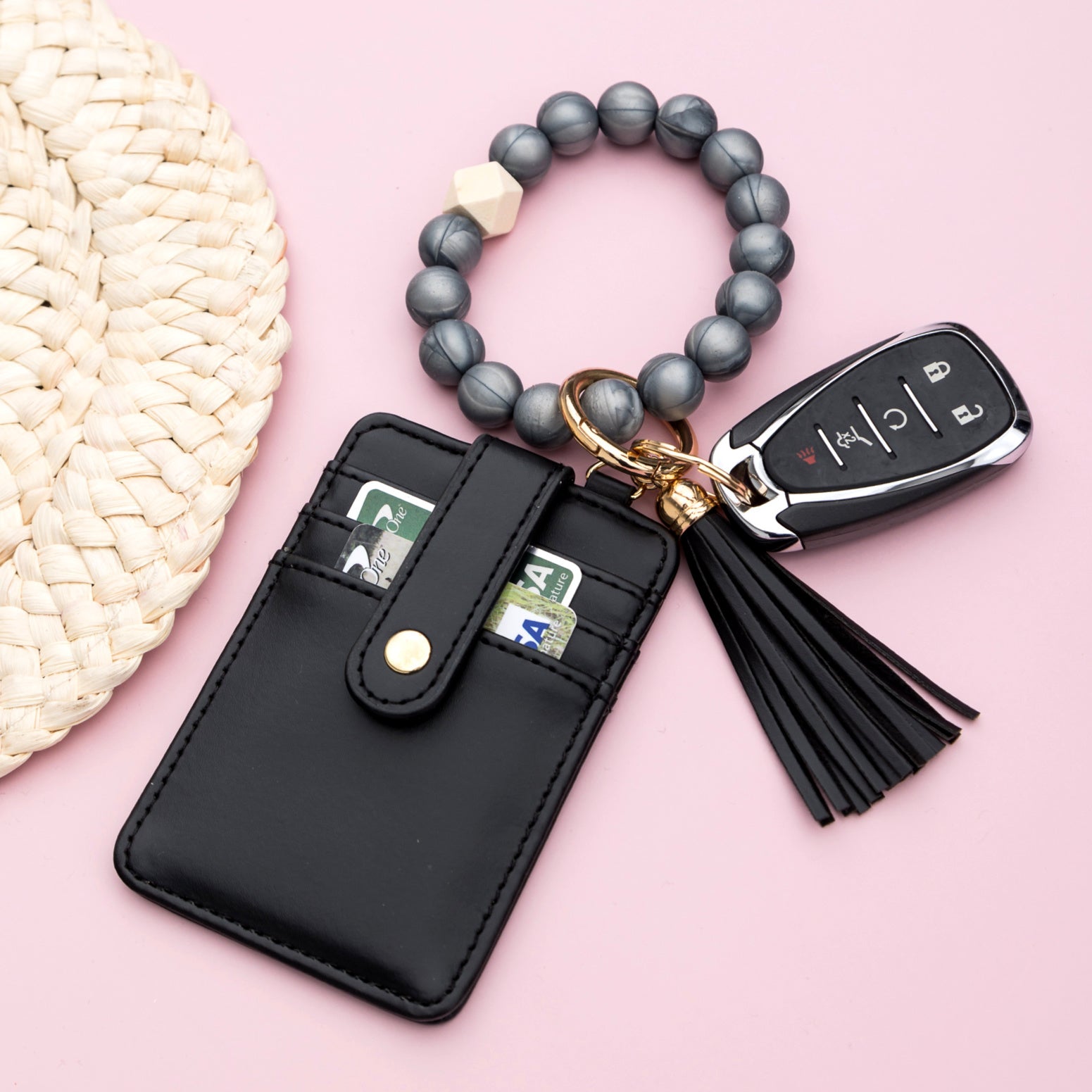 Silicone Key Ring Wallet Bracelet | Beaded Wristlet with Card Slots
