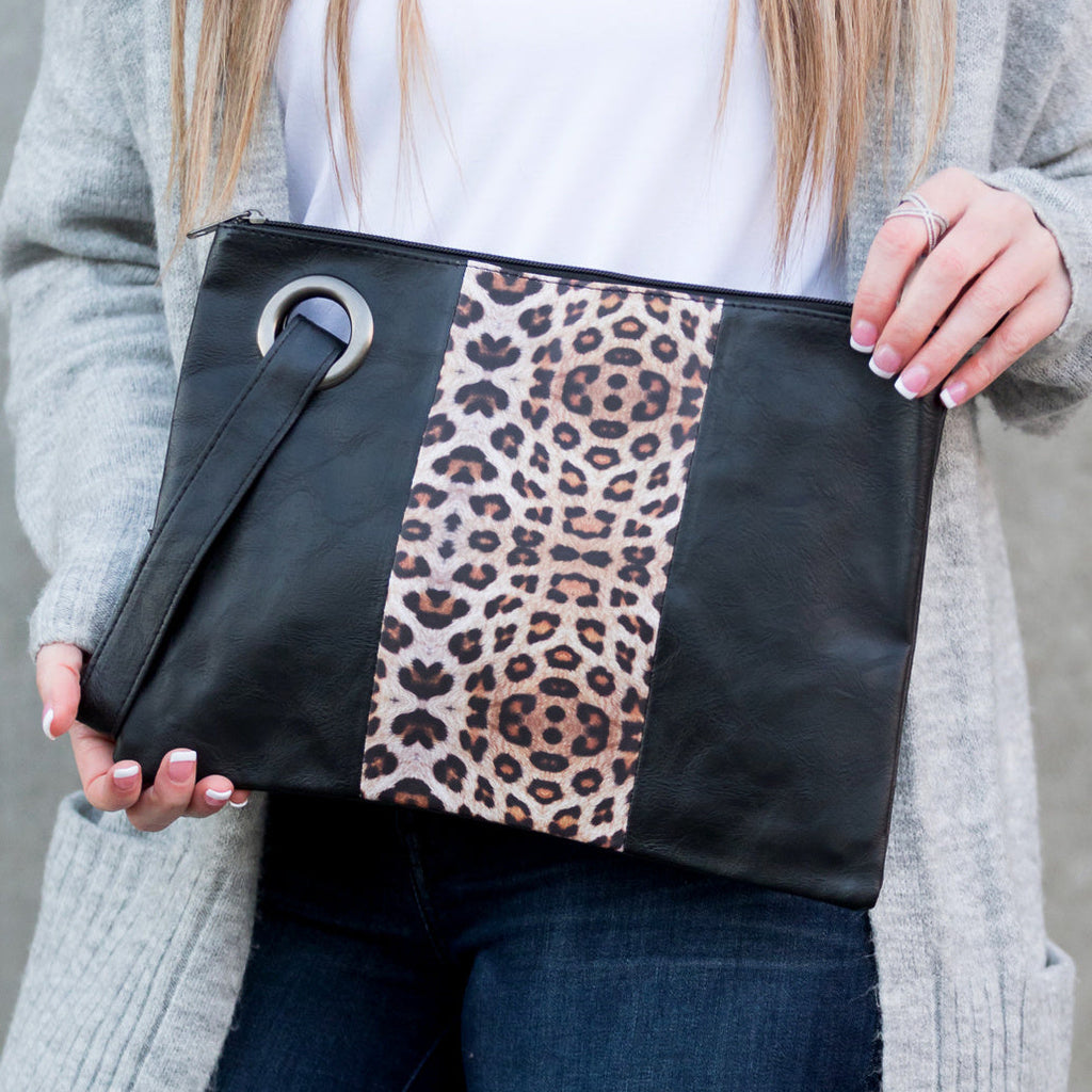 Leopard Dual Tone Clutch | Vegan Leather Wristlet Bag