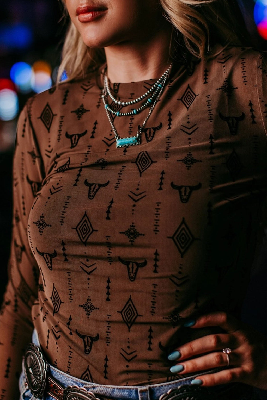 Chestnut Western Print Mesh Top