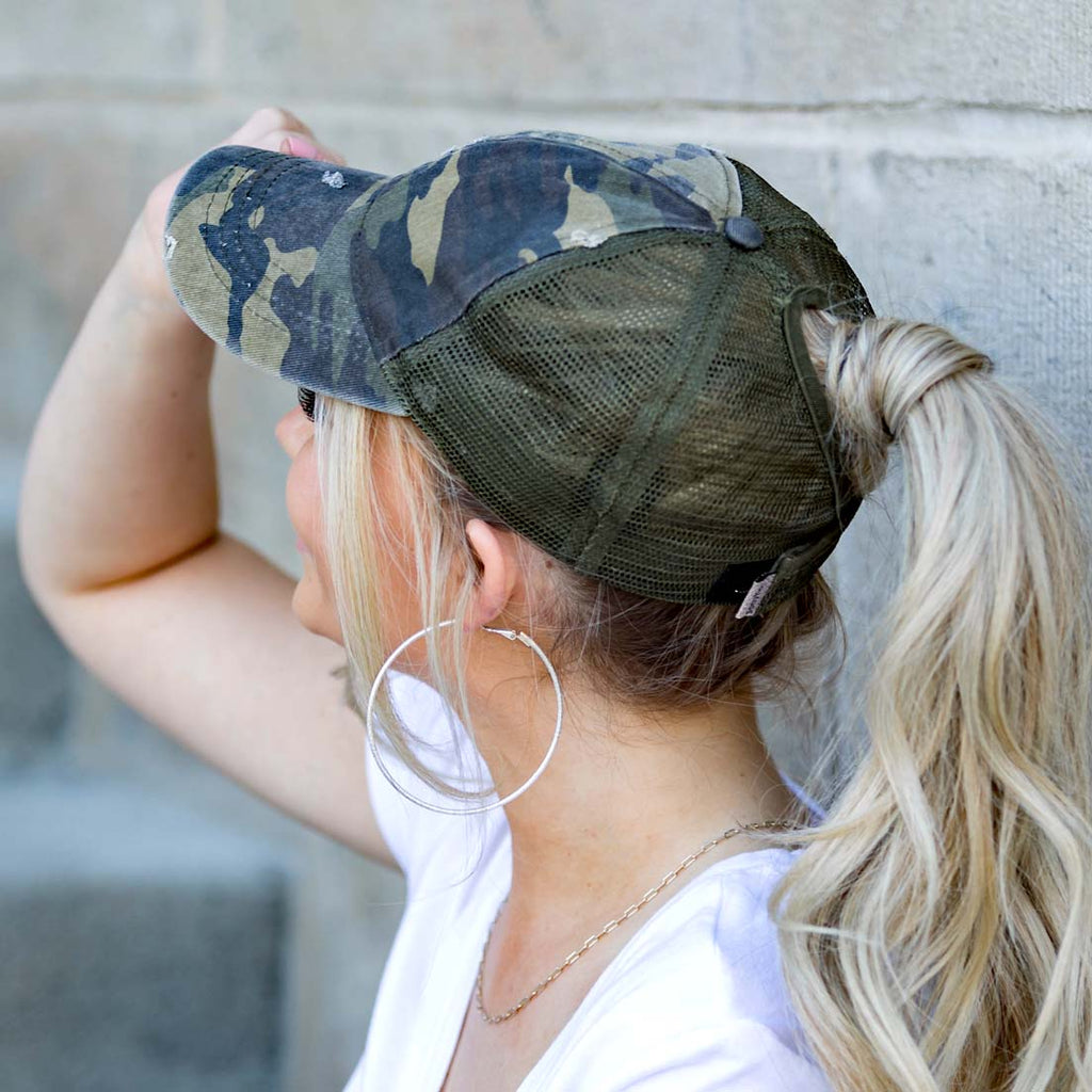 Distressed Messy Bun Cap | Adjustable No-Snag Opening