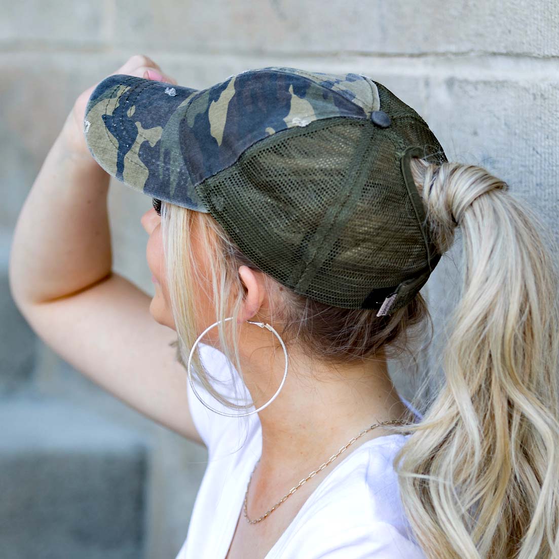 Distressed Messy Bun Cap | Adjustable No-Snag Opening