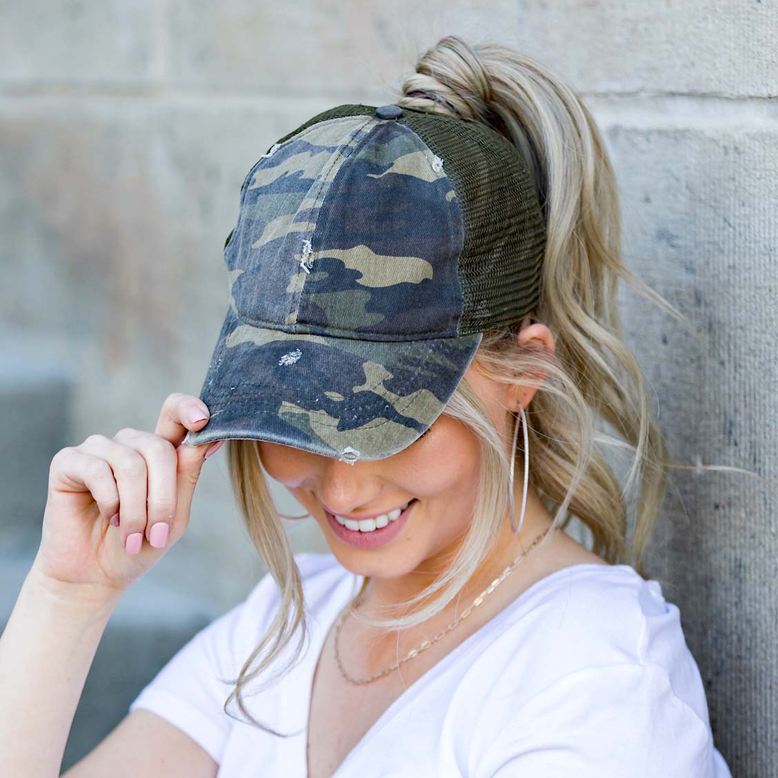 Distressed Messy Bun Cap | Adjustable No-Snag Opening