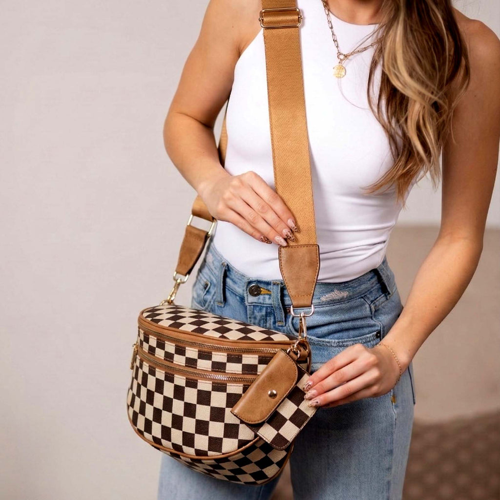 Kaylee Mixed Media Checkered Crossbody Sling Bag | Double Zip