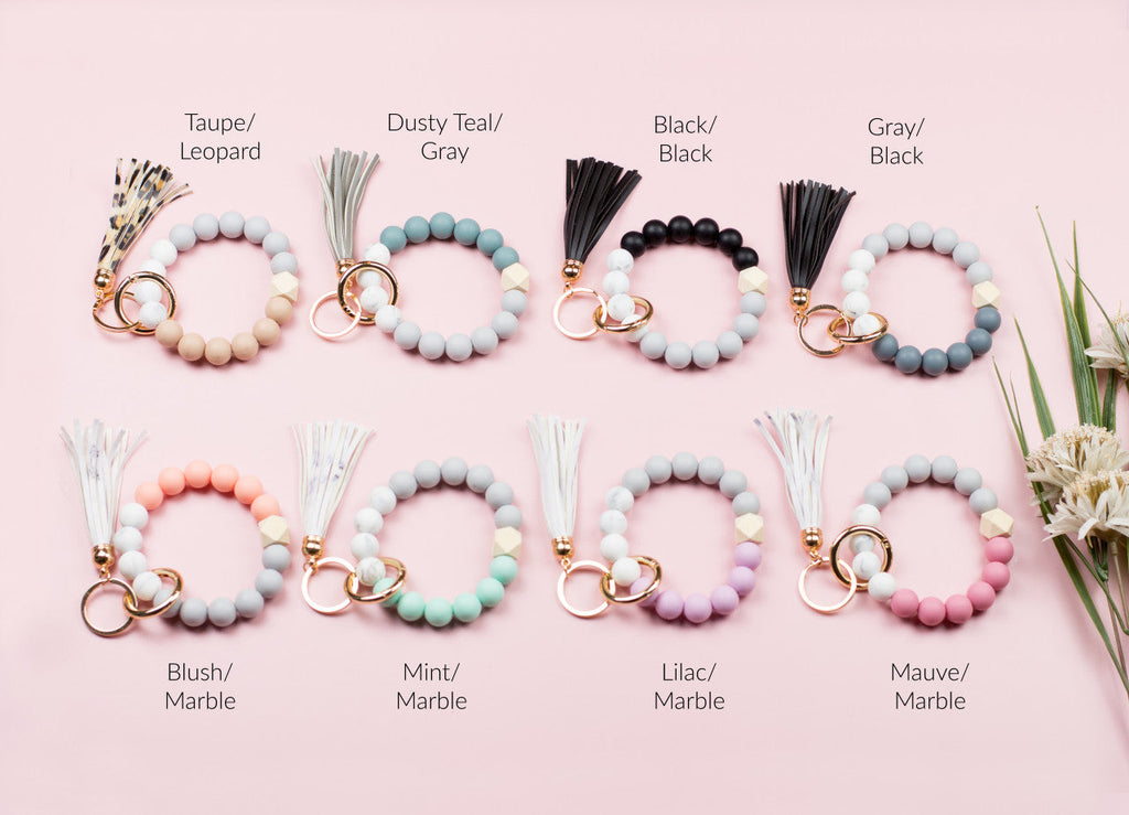 Silicone Color Block Key Ring Bracelet | Wood Bead Wristlet Keychain