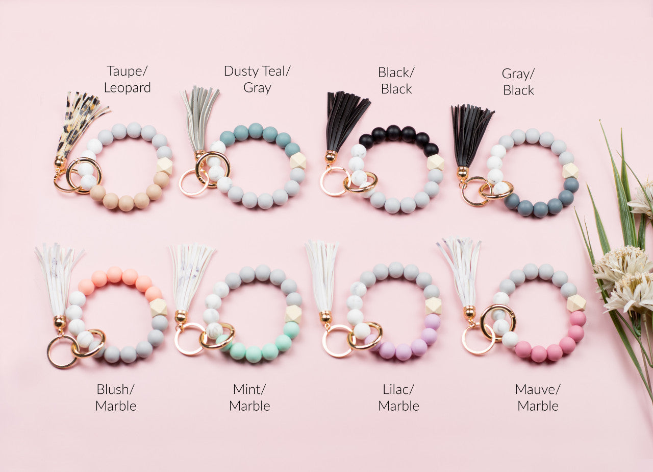 Silicone Color Block Key Ring Bracelet | Wood Bead Wristlet Keychain