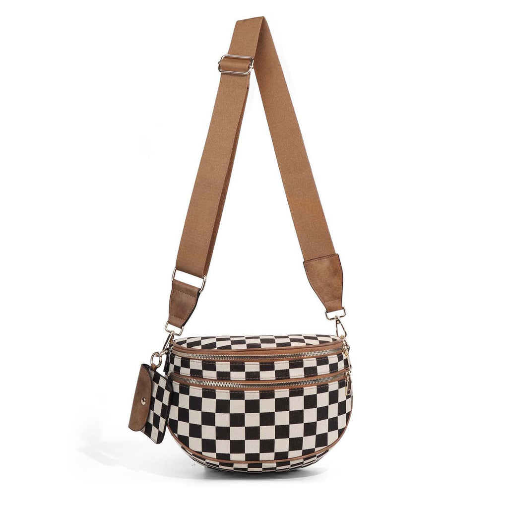 Kaylee Mixed Media Checkered Crossbody Sling Bag | Double Zip