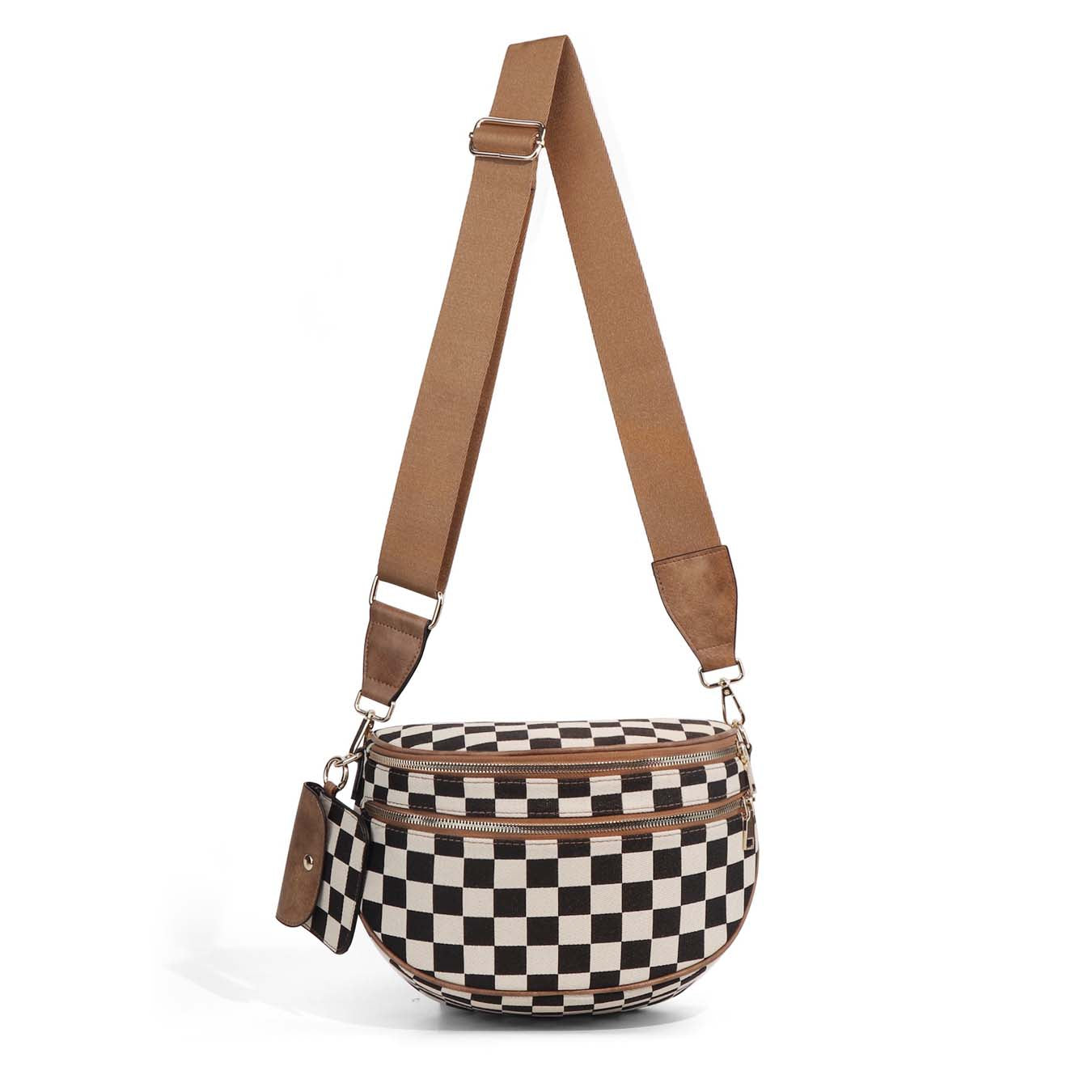Kaylee Mixed Media Checkered Crossbody Sling Bag | Double Zip
