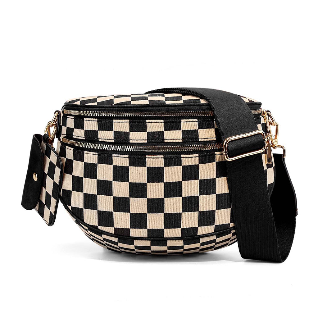 Kaylee Mixed Media Checkered Crossbody Sling Bag | Double Zip