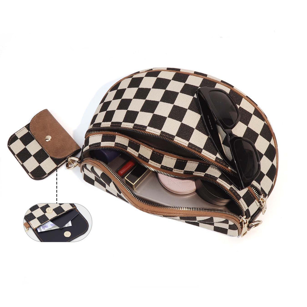 Kaylee Mixed Media Checkered Crossbody Sling Bag | Double Zip