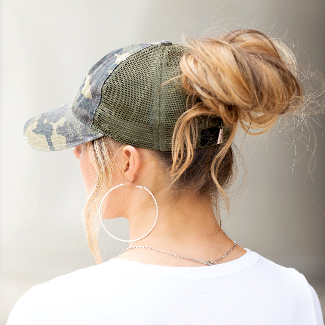 Distressed Messy Bun Cap | Adjustable No-Snag Opening