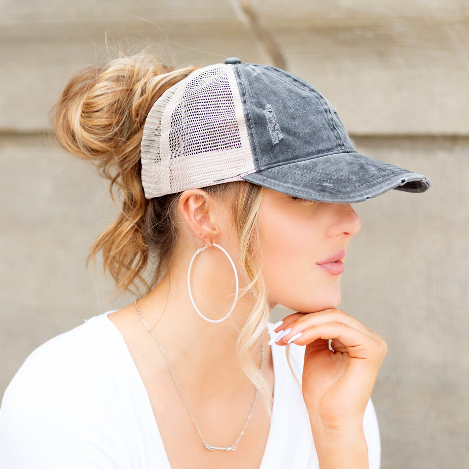 Distressed Messy Bun Cap | Adjustable No-Snag Opening