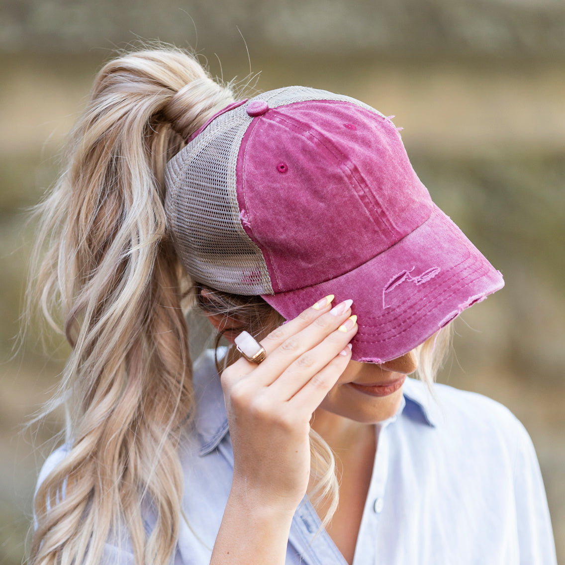 Distressed Messy Bun Hat Cap | Ponytail & Bun Opening
