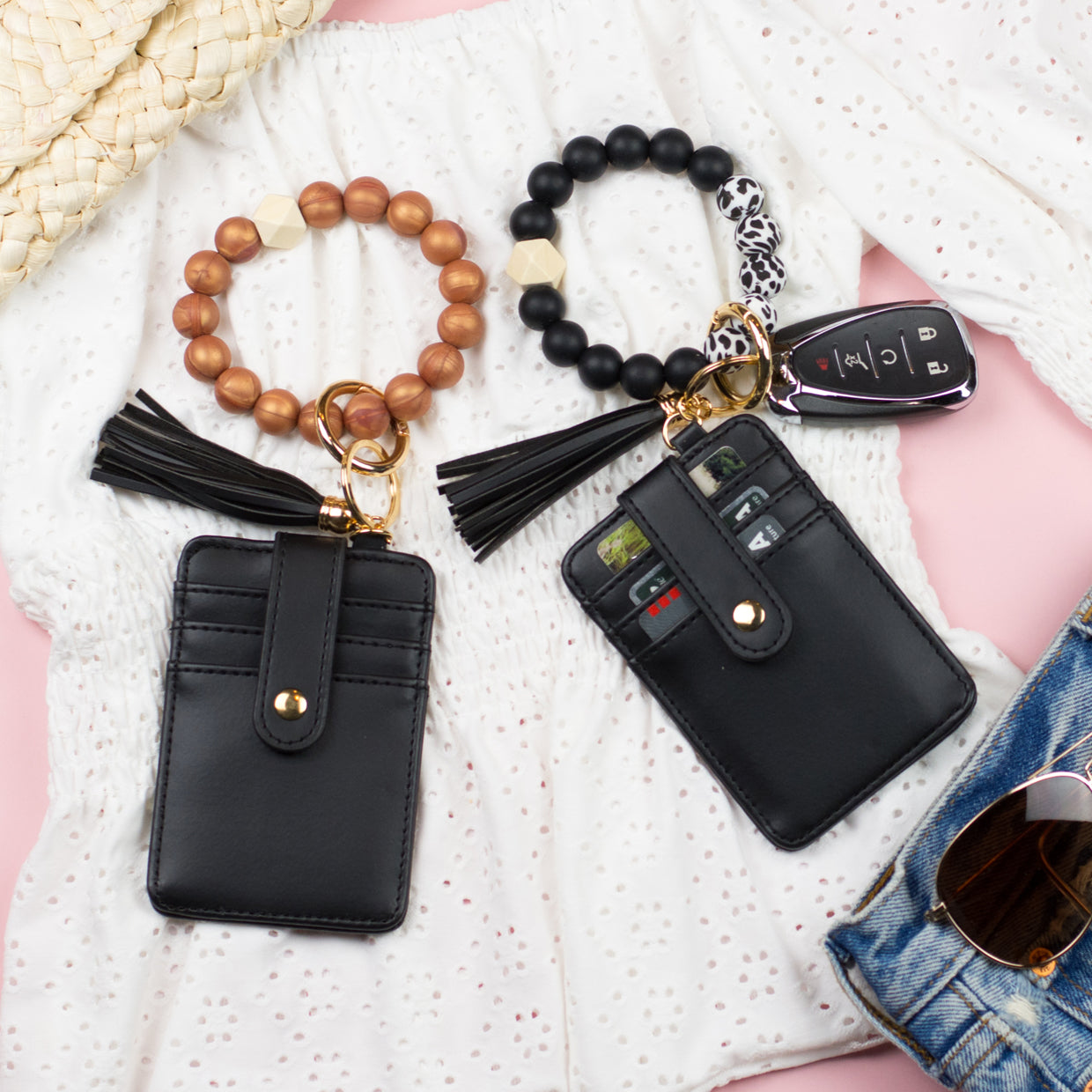 Silicone Key Ring Wallet Bracelet | Beaded Wristlet with Card Slots