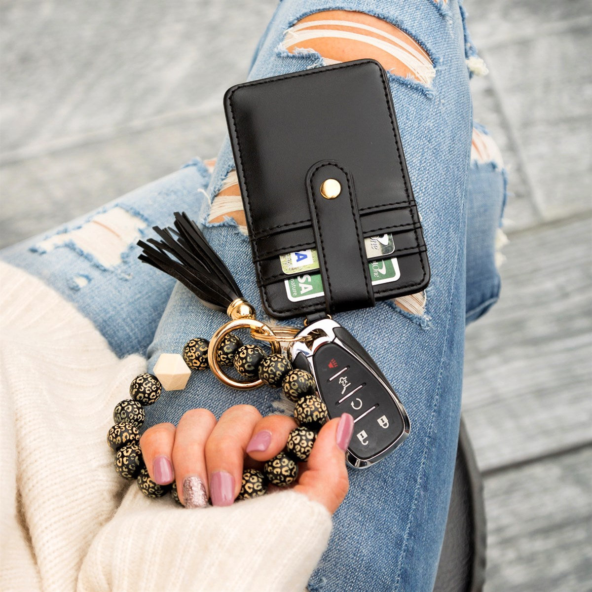 Leopard Beaded Key Ring Wallet Bracelet | Laser-Cut Wood Wristlet Wallet