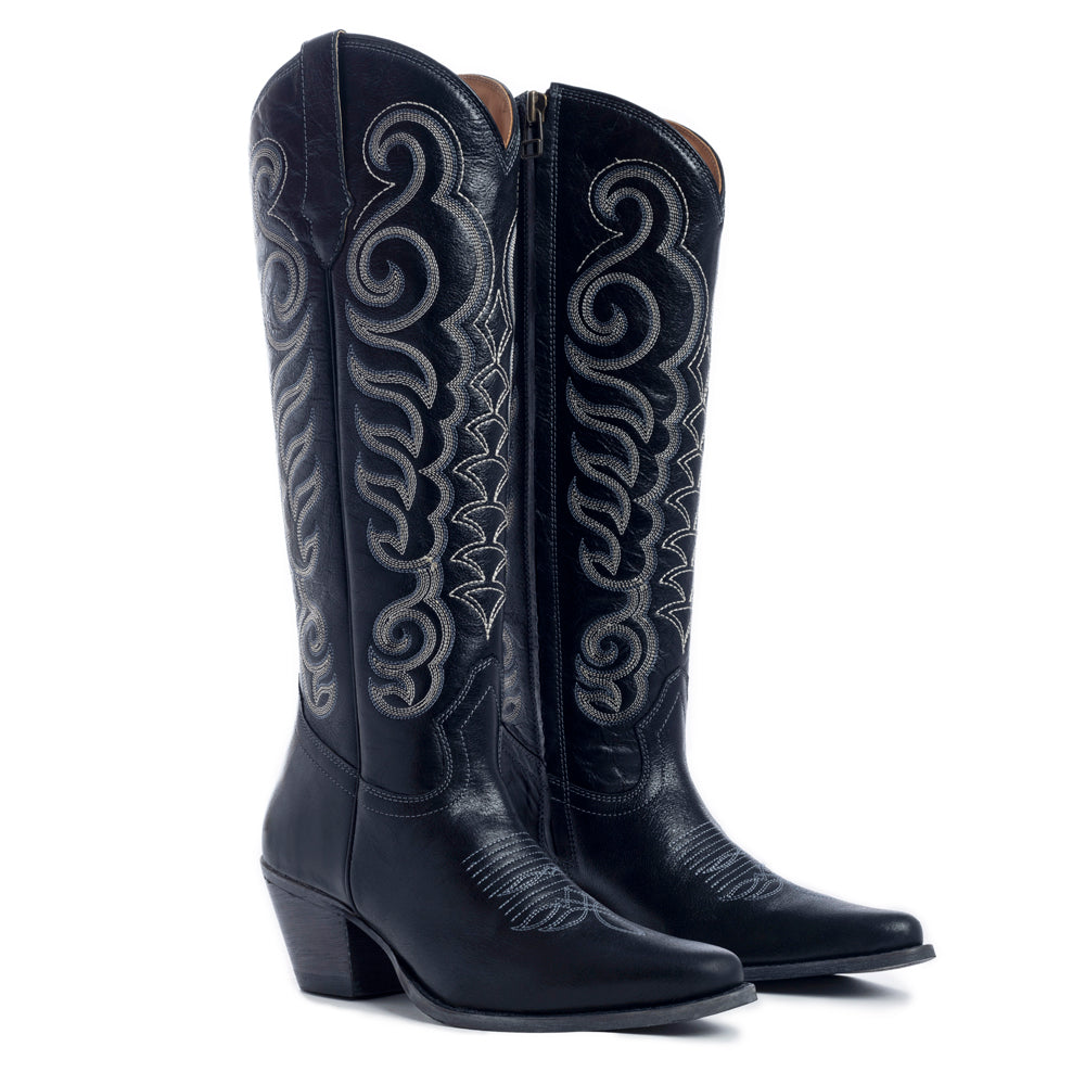 Ebony Embroidered Tall Western Boots | Honey Grit Co