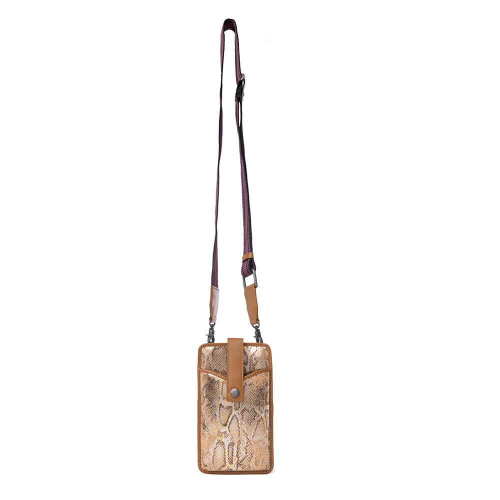 Myra Cedar Snake Print Leather Cell Phone Holder in Toffee Patch