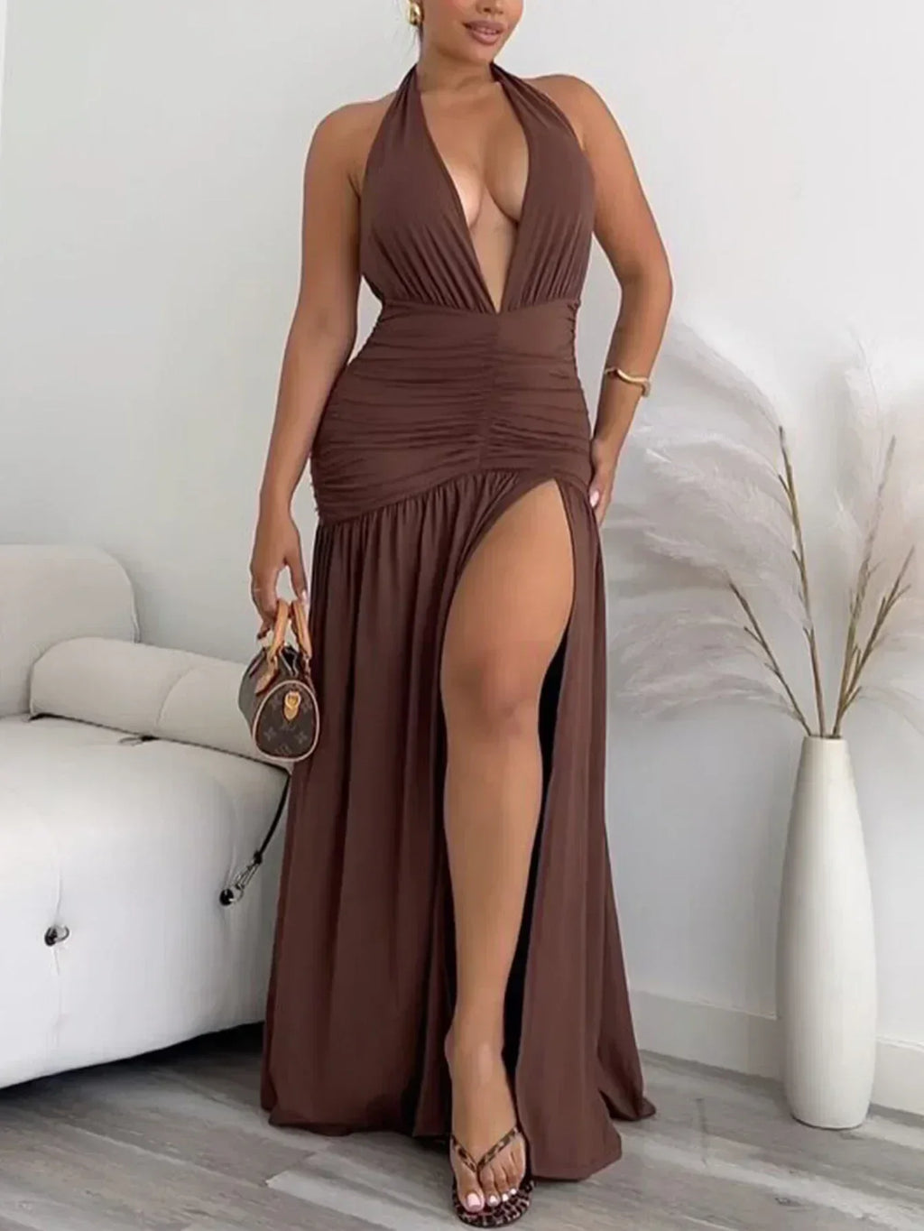 Deep V Halter Slit Dress