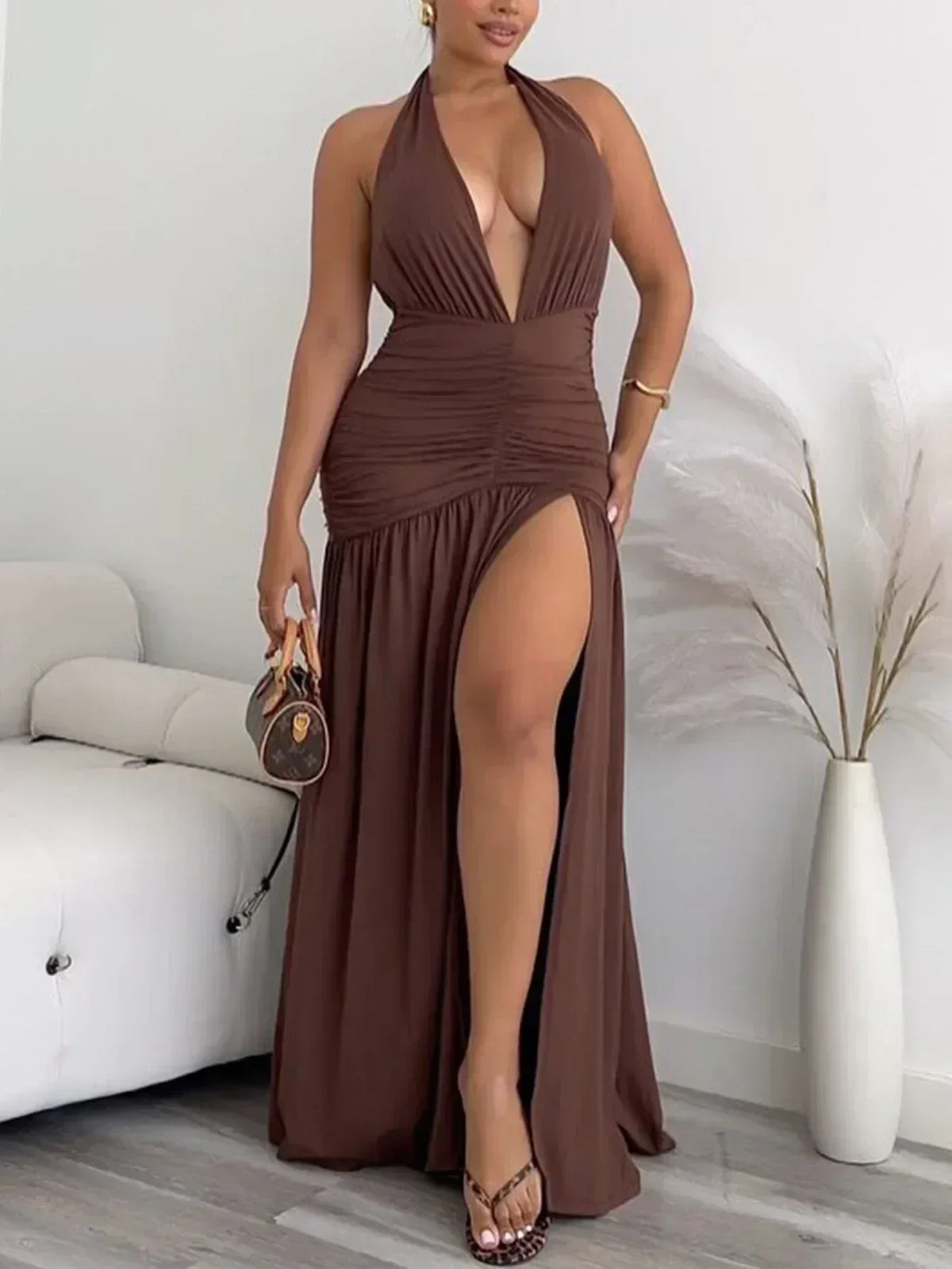 Deep V Halter Slit Dress