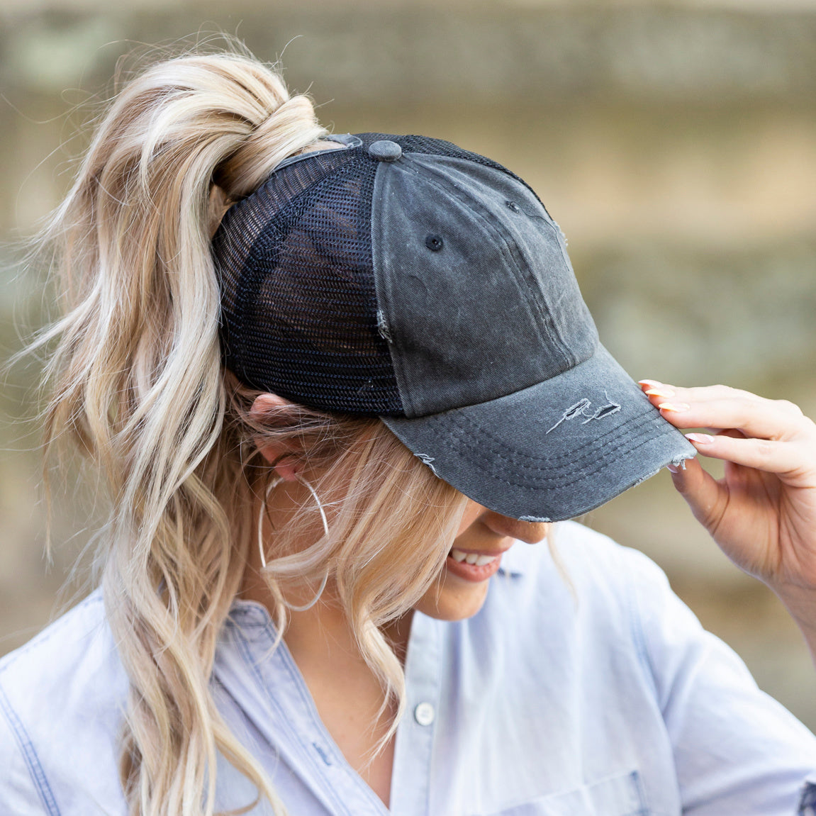 Distressed Messy Bun Hat Cap | Ponytail & Bun Opening