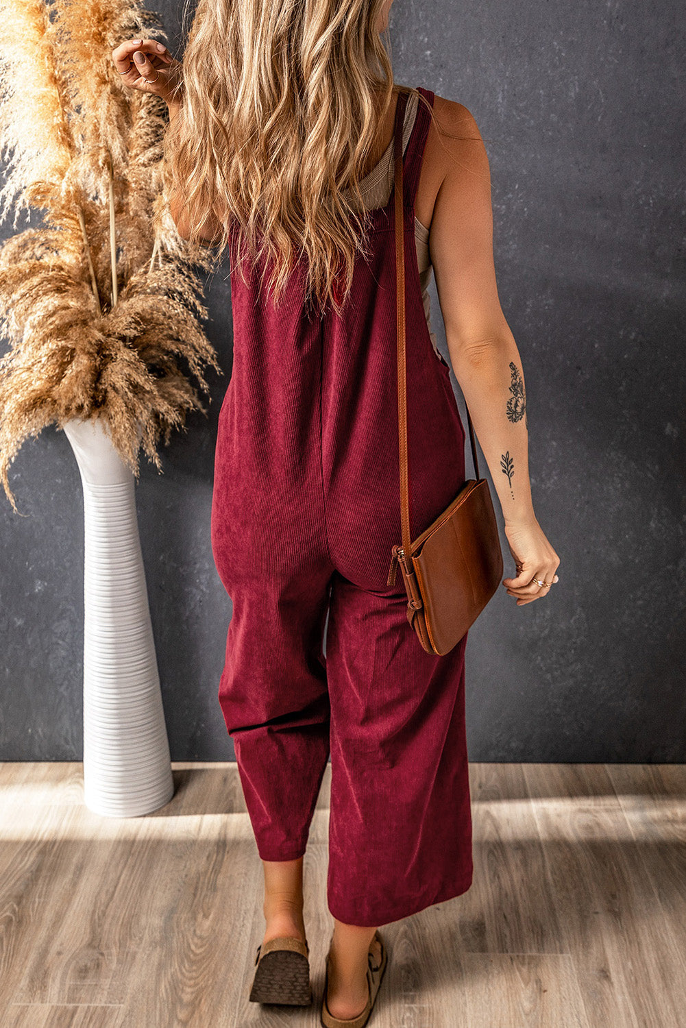 Brown Corduroy Wide Leg Bib Overalls