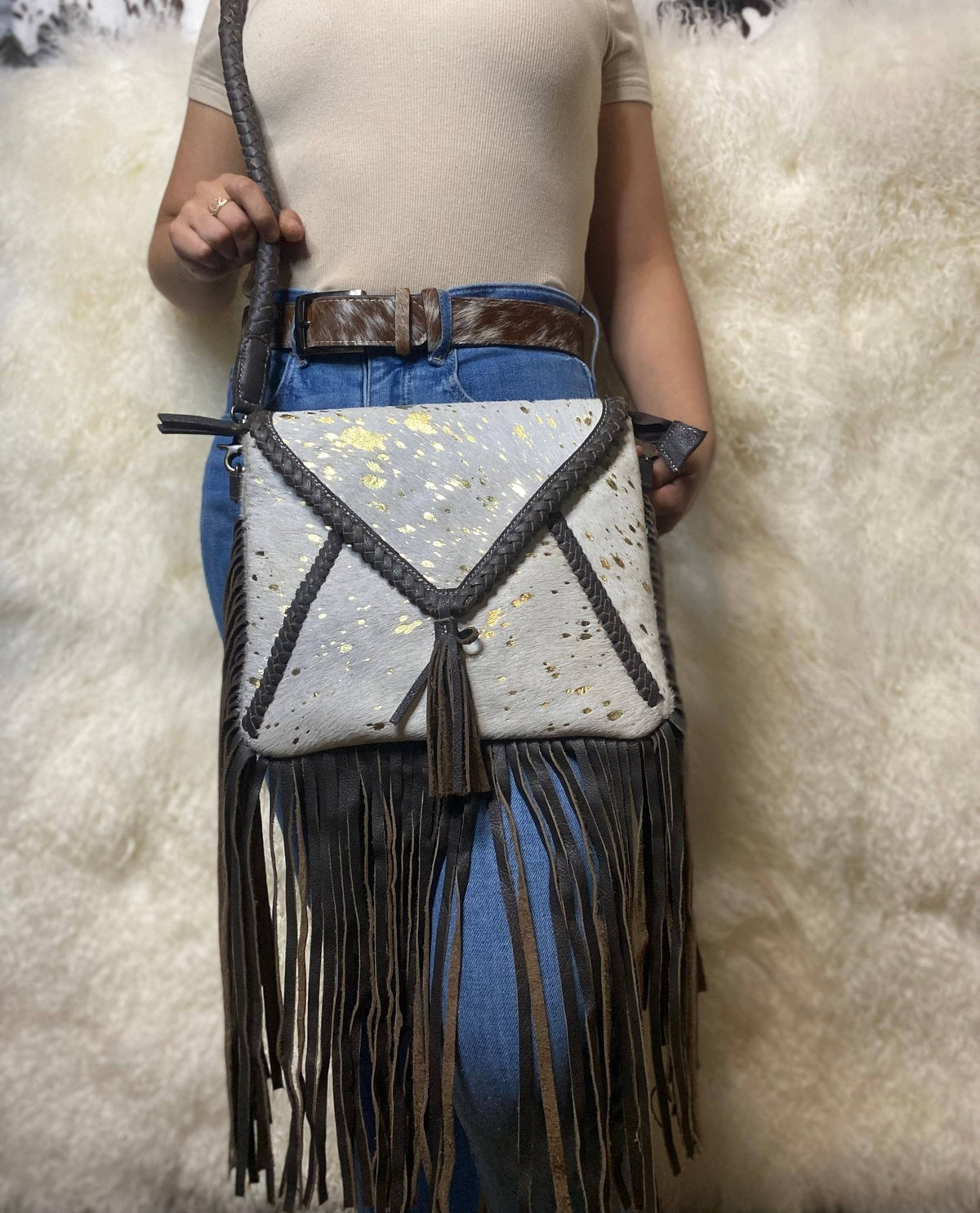 Western Fringe Cowhide Crossbody Bag | Real Hide & Gold Rope Strap | Honey Grit Co